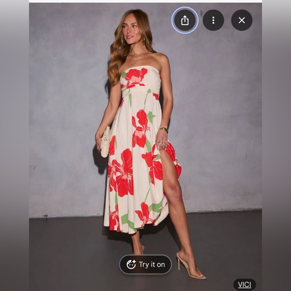 Vici Red and Green Floral Strapless Dress